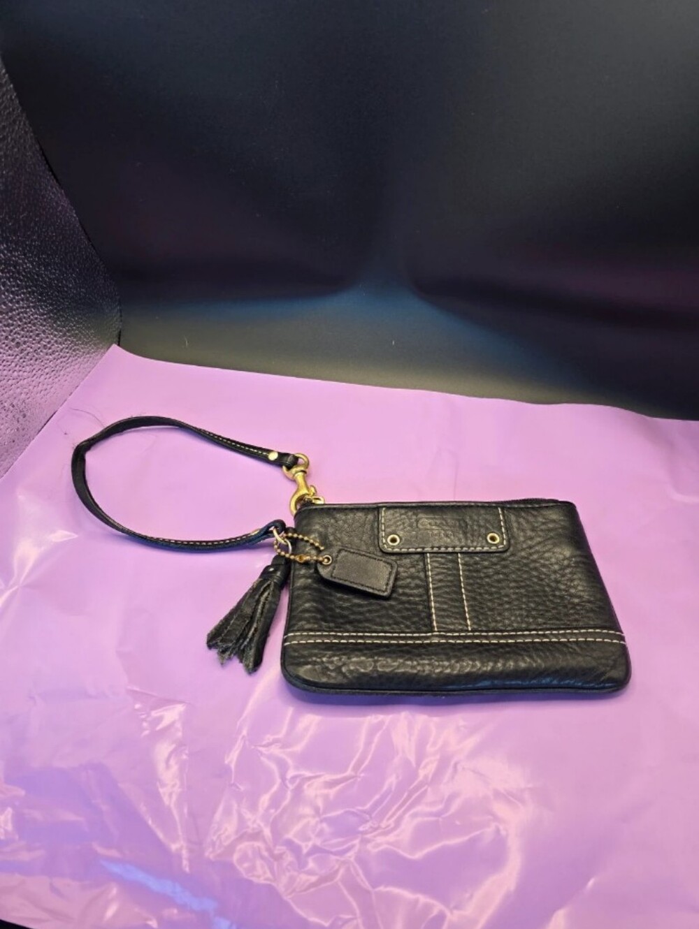 Women's Black Leather Wristlet with Tassel